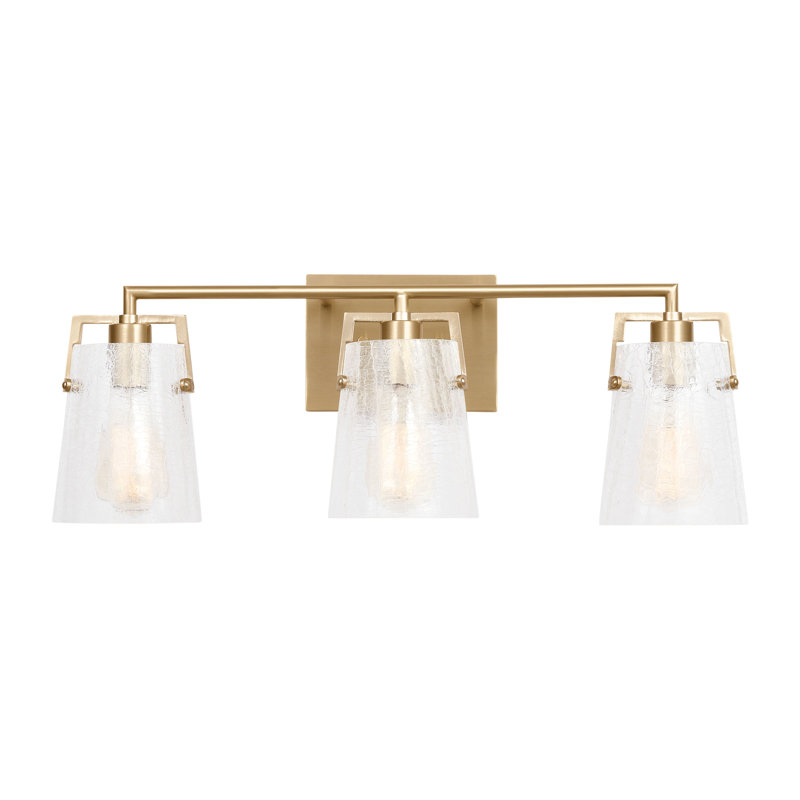 Crofton Bathroom Bedroom Wall Fixture With Clear Crackle Glass Shade, 9" H x 24" W x 7.5" D, Satin Brass, 3 Lights