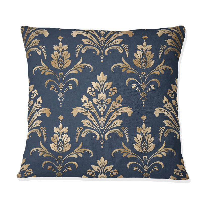 Motif damassé indémodable bleu et or IV - coussin décoratif traditionnel, H 18 po x l 18 po