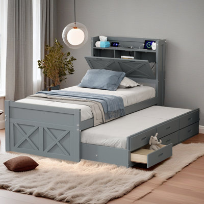 Lit en bois avec tête de lit avec prises de courant, lit extensible avec lit gigogne simple avec trois tiroirs de rangement
