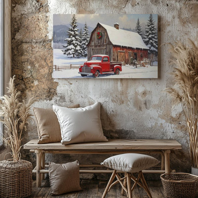 Wall Art Rustic Winter Barn Snowy Roof And Vintage Red Pickup Scene Canvas Ready To Hang Gallery Wrapped Home Decor Modern Design Decor
