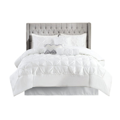 7 Piece White King Comforter - Gorgeous Design With 1 Comforter, 2 Shams, 3 Decorative Pillows & Bed Skirt Wrinkle Size Pillows, Wrinkle- Splendor