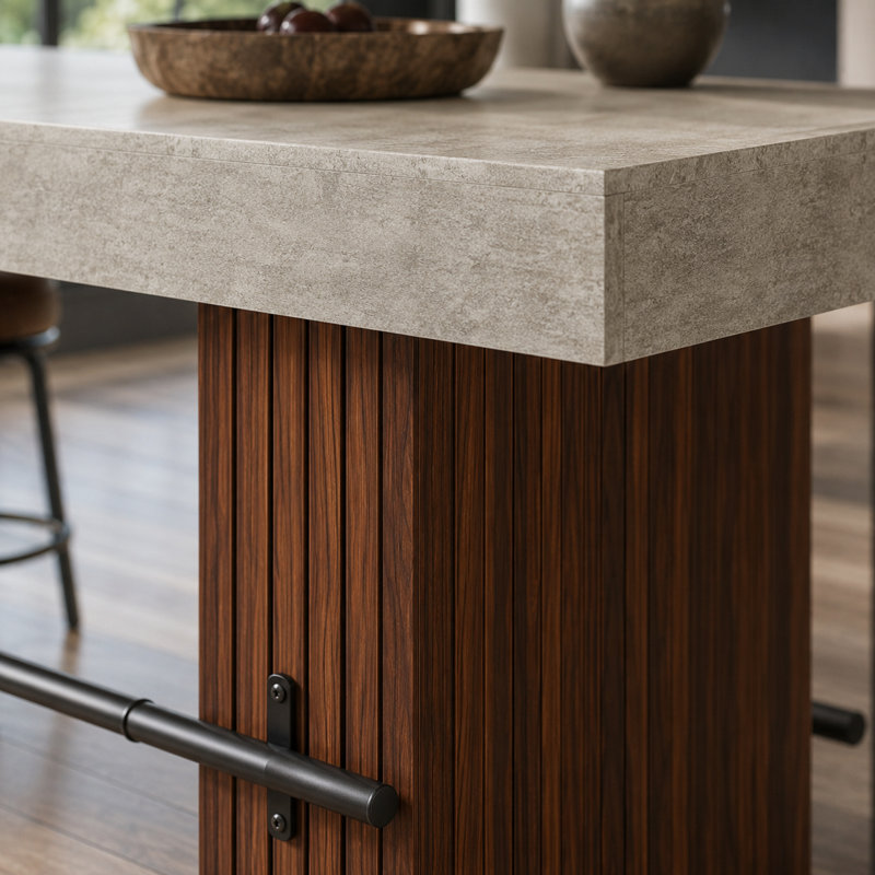 Table de bar industrielle, base à lattes gris foncé, repose-pieds en métal, sièges 4 à 6