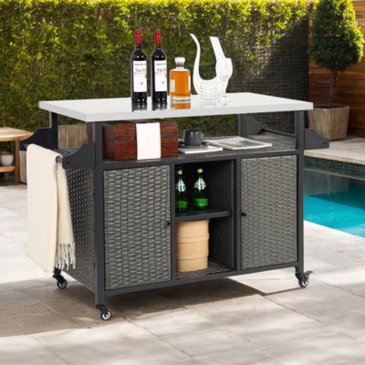 Outdoor Kitchen Wicker Island Rolling Cart Bar Table & Storage Cabinet, Wheels And Stainless Steel Extended Table Top by Latitude Run
