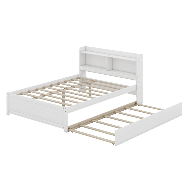 Full Bed Frame With Storage Headboard, Trundle Bed, White