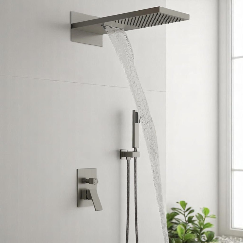Cascade Bliss Modern Luxury Rectangle 3-Function Shower Faucet Set Pressure Balanced Shower System, Valve Trim Kit, 22-Inch Rainfall & Waterfall Shower Head, Handheld Shower