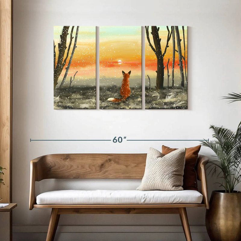 Renard regardant un coucher de soleil en hiver, H 28 po x l 45 po