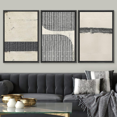 Motif géométrique abstrait géométrique de lignes abstraites géométriques neutres, encadré sur toile, 3 pièces