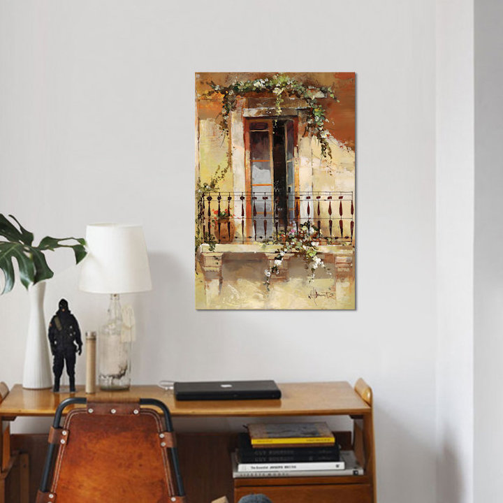 « balcon iii », reproduction sur toile, H 26 po x l 18 po x P 1,5 po, Papier d'art encadré noir, Pas de tapis