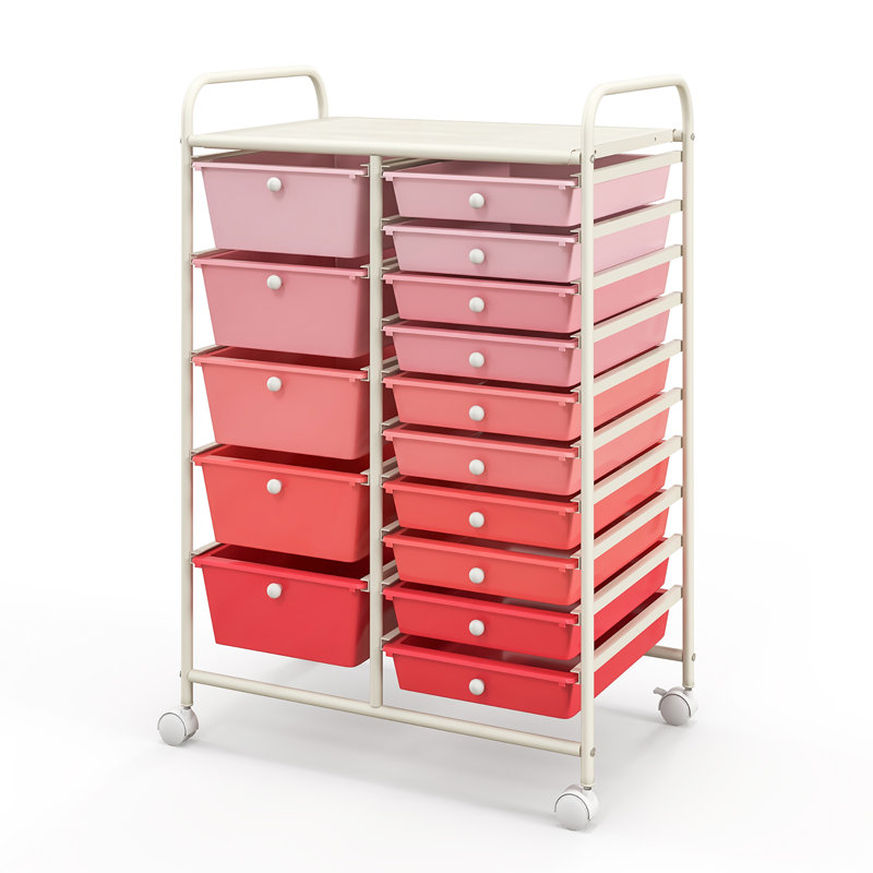 Barksdale 15-Drawer Utility Rolling Organizer Cart, Red/Pink