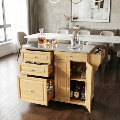 Îlot de cuisine intérieur en bambou avec plateau en acier inoxydable, L 50,8 po x l 18,5 po x H 35,8 po, îlots et chariots de cuisine, naturel
