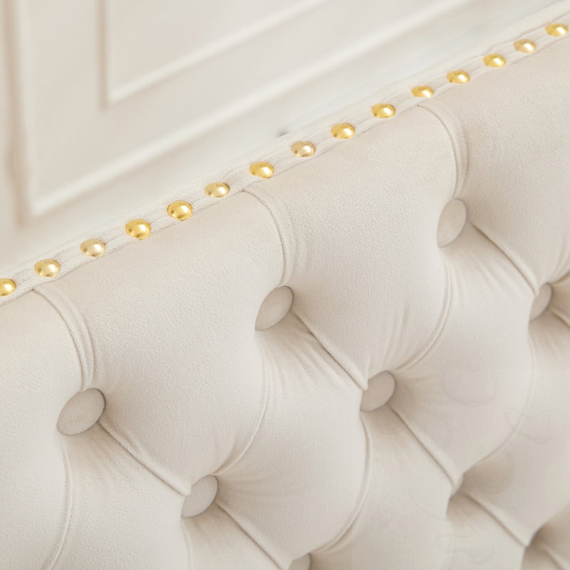 Banc capitonné à 2 places avec pieds, Beige, Beige, Doré