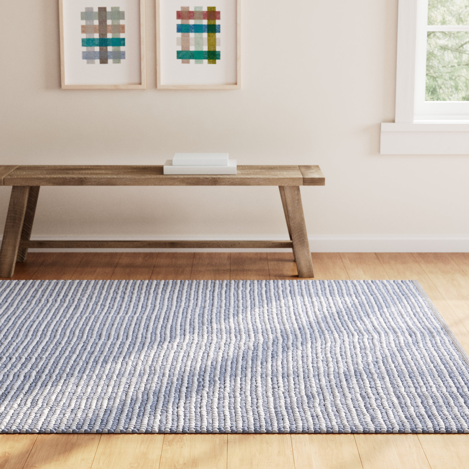 Cleodora Ivory Blue Hand-Woven Striped Rug, Rectangle 3' x 5'