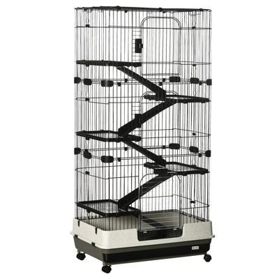 Cage pour petits animaux 60 "avec roues, cage à 6 niveaux portable, cage de furet Chinchilla avec plateau amovible, plateformes et rampes, noir