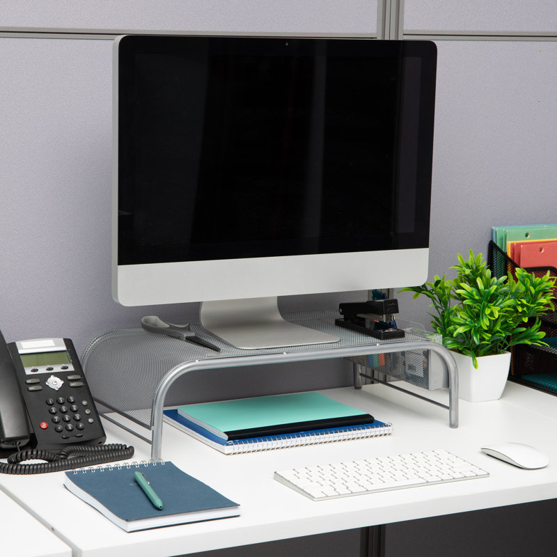 Silver Metal Mesh Monitor Stand with Side Storage
