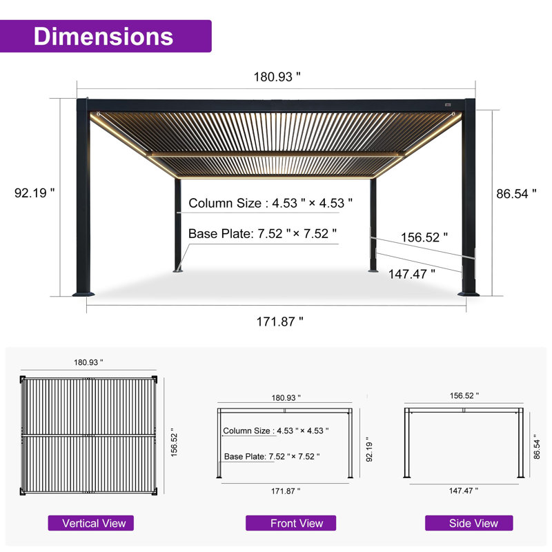PURPLE LEAF 13' x 15' Louvered Pergola with LED Strip Lights and Control Panel for Patio Deck Garden Yard Gray