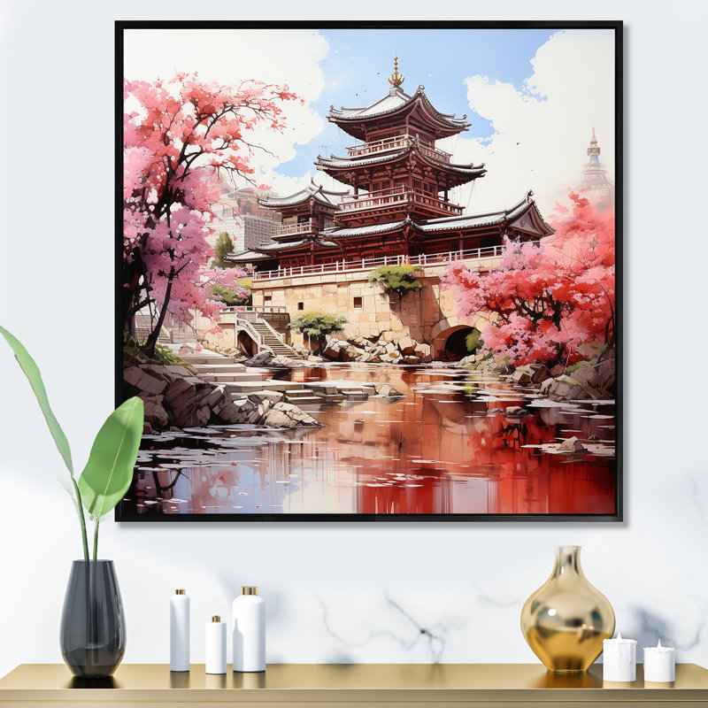 «Spring Spring China Serenity At The Temple I», art mural Chine, Cadre flottant noir, H 30 po x l 30 po x P 1,5 po