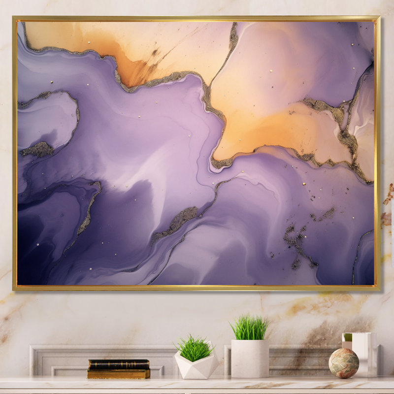 Encre mauve et mauve à l'encre de marbre X, reproduction sur toile, Cadre flottant doré, H 34 po x l 44 po x P 1,5 po
