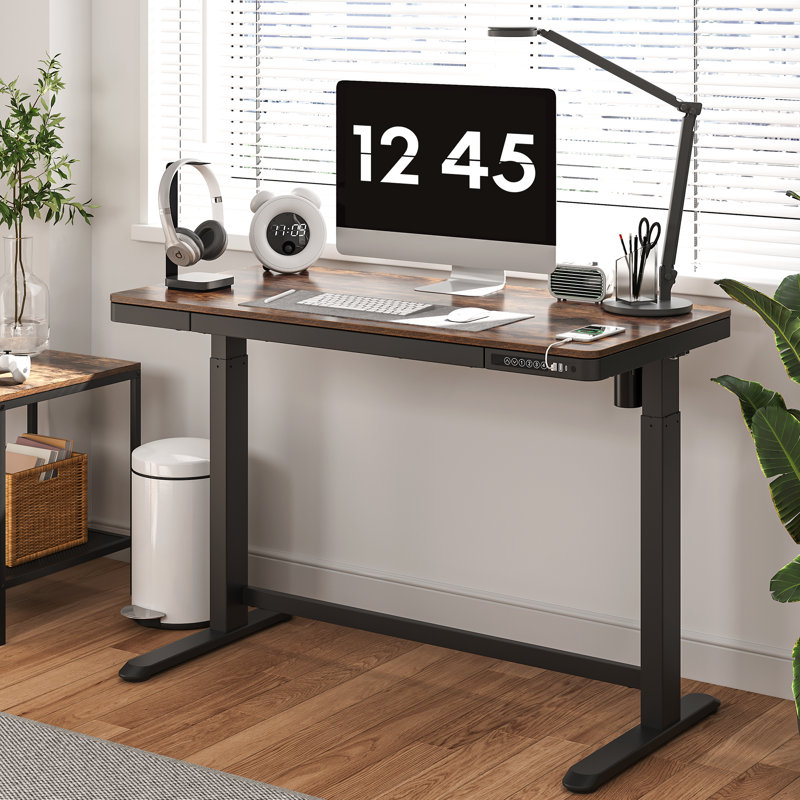 Home Office Height Adjustable Standing Desk with Drawer, 46.5" H x 47.4" W x 23.7" D, Walnut/Black