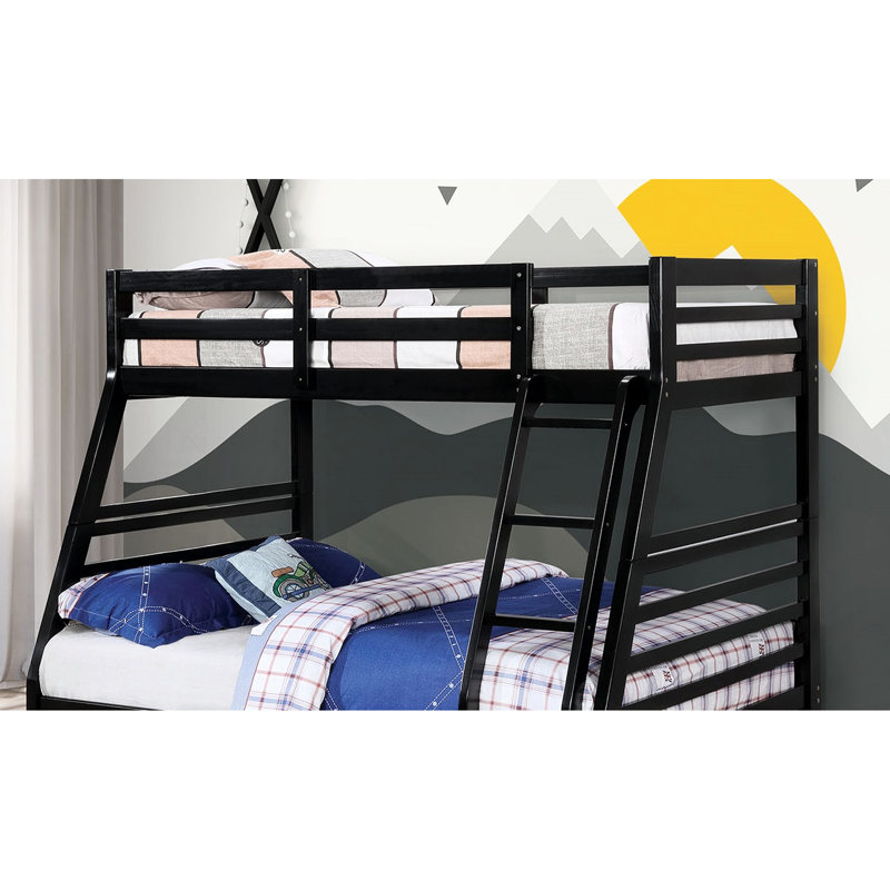 Lit superposé simple au-dessus d'un lit double en bois massif avec finition noire, style transitionnel, deux tiroirs, couleur des rails attachés et sécuritaires, caractéristiques,