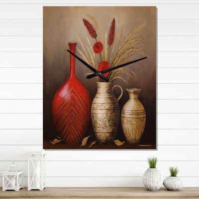 Still Life Red Vase With Wheat And Red Flowers - Boho Pottery Wall Clock