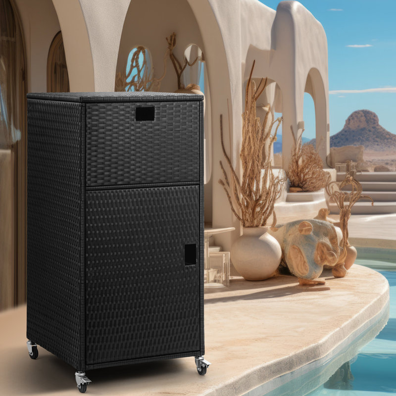 Outdoor Pool Towel Storage Cabinet Outdoor Towel Rack For Pool With Shelf & Drawer Pool Towel Holder With Rolling Wheels Hot Tub Towel Rack W/Waterproof Cover Poolside Towel Valet Caddy For Spa Black