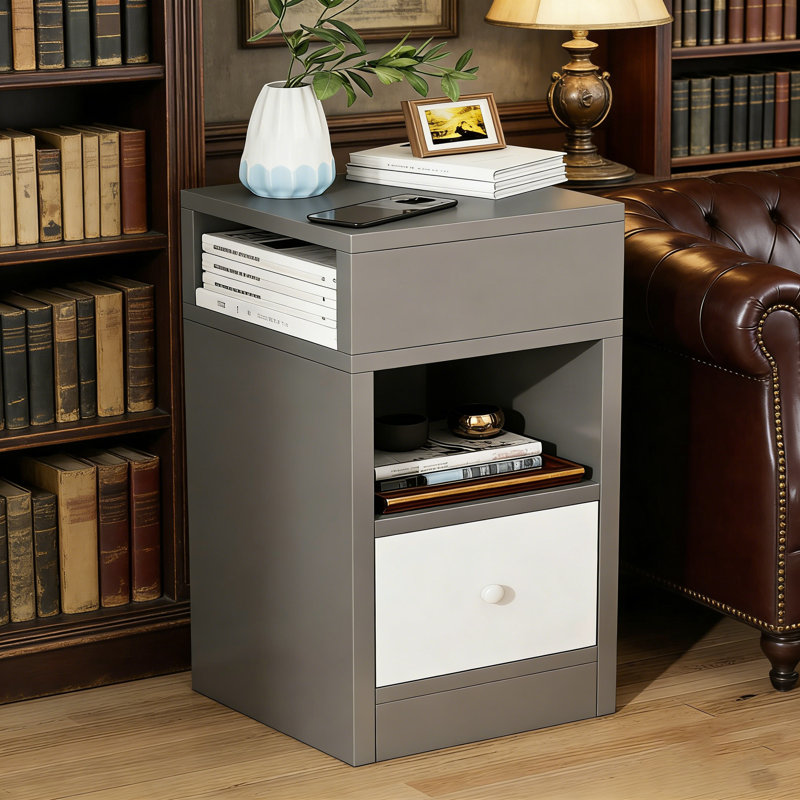 Table de chevet compacte grise et blanche avec 1 tiroir et casier ouvert (11,8 po x 9,8 po x 26 po)