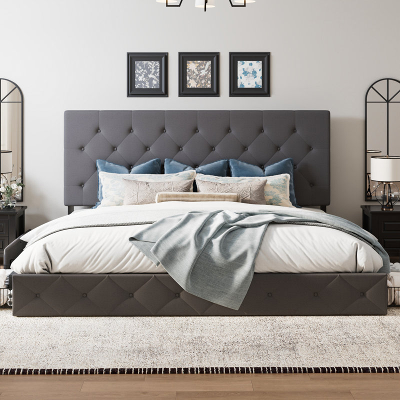 Lit plateforme avec rangement Silvester, Grand, Polyester à capitonnage à losanges gris foncé