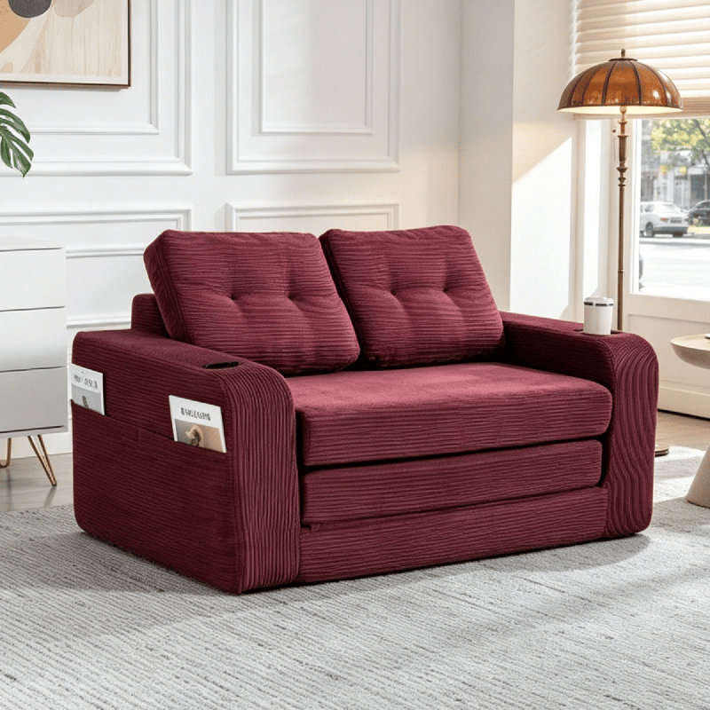 Double Fold-Out Sofa Bed – Compression-Moulded Foam, Includes Pillows, CSN-W395P438031WINE RED