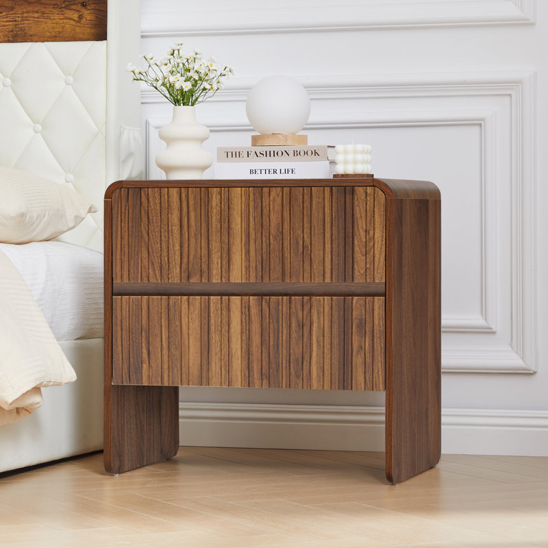 Commode à 2 tiroirs Geordy, table de chevet cannelée 23,6 po, Brun