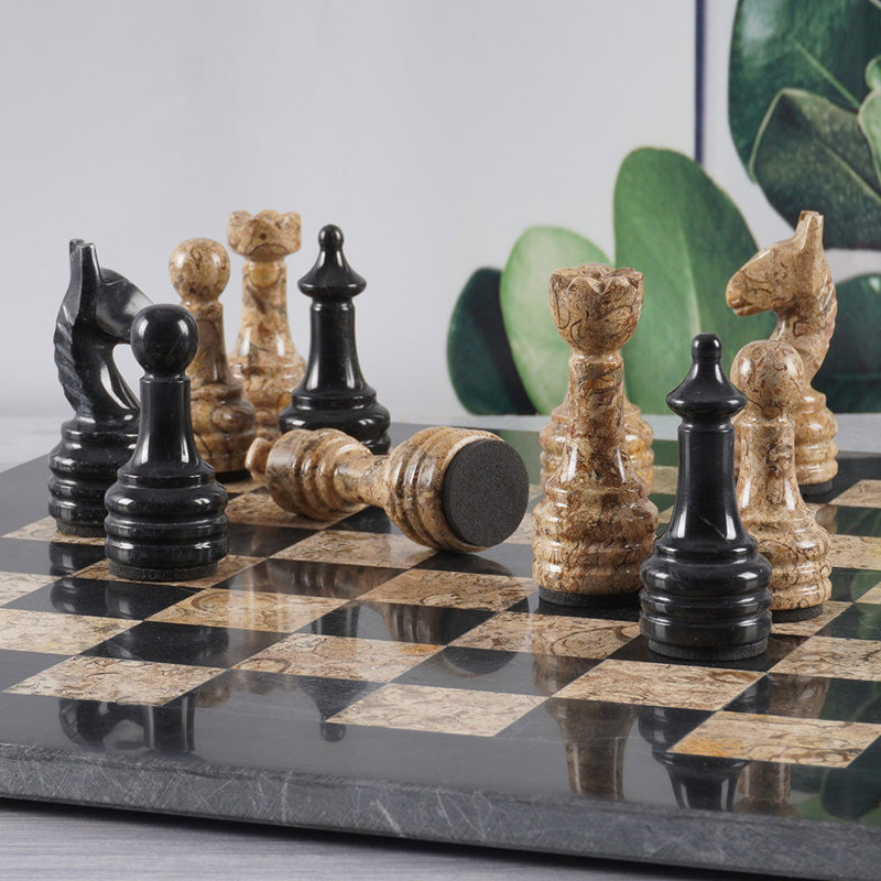 RADICALn Handmade 12'' L Stone Chess Game Set, Black/Coral