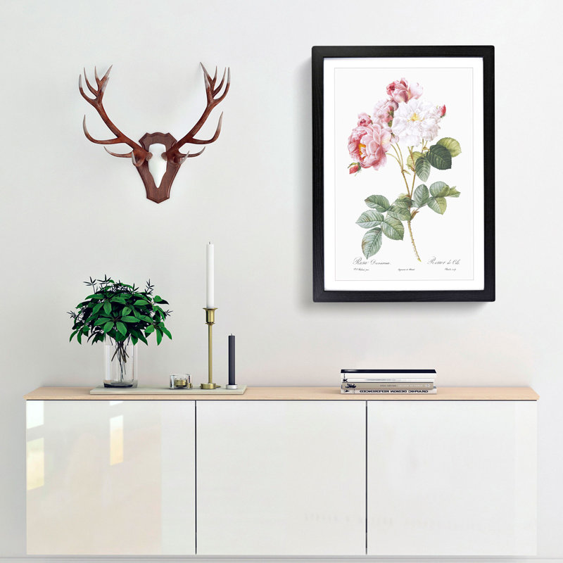 Damask Roses in Pink by Pierre-Joseph Redoute - Picture Frame Painting Print, 48cm H x 36cm W x 2cm D, Black Framed