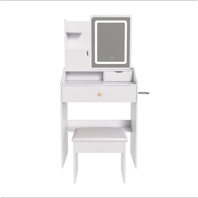 Miroir de coiffeuse 3 couleurs à DEL avec tabouret, coiffeuse rose pour la chambre à coucher, 2 tiroirs et 5 armoires de rangement (4 ouvertes + 1 cachée), éclairage réglable