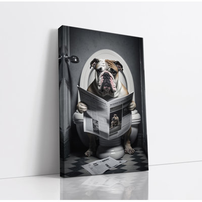 Bulldog Sat On Toilet Reading Newspaper - Wrapped Canvas Print