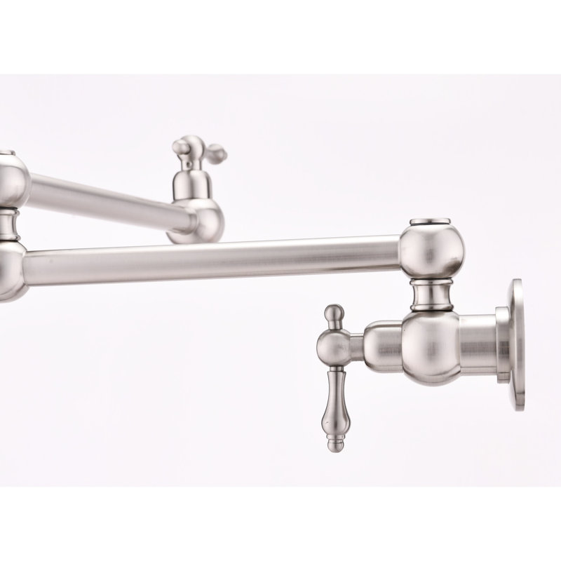 Pot Filler Faucet Wall Mount In Brushed Nickel, Double Handles For Effective Water Distribution And Control, Finish, Quiet Splash- Delivery Experience Nickel Mount, Arm Facilitates Filling Process,