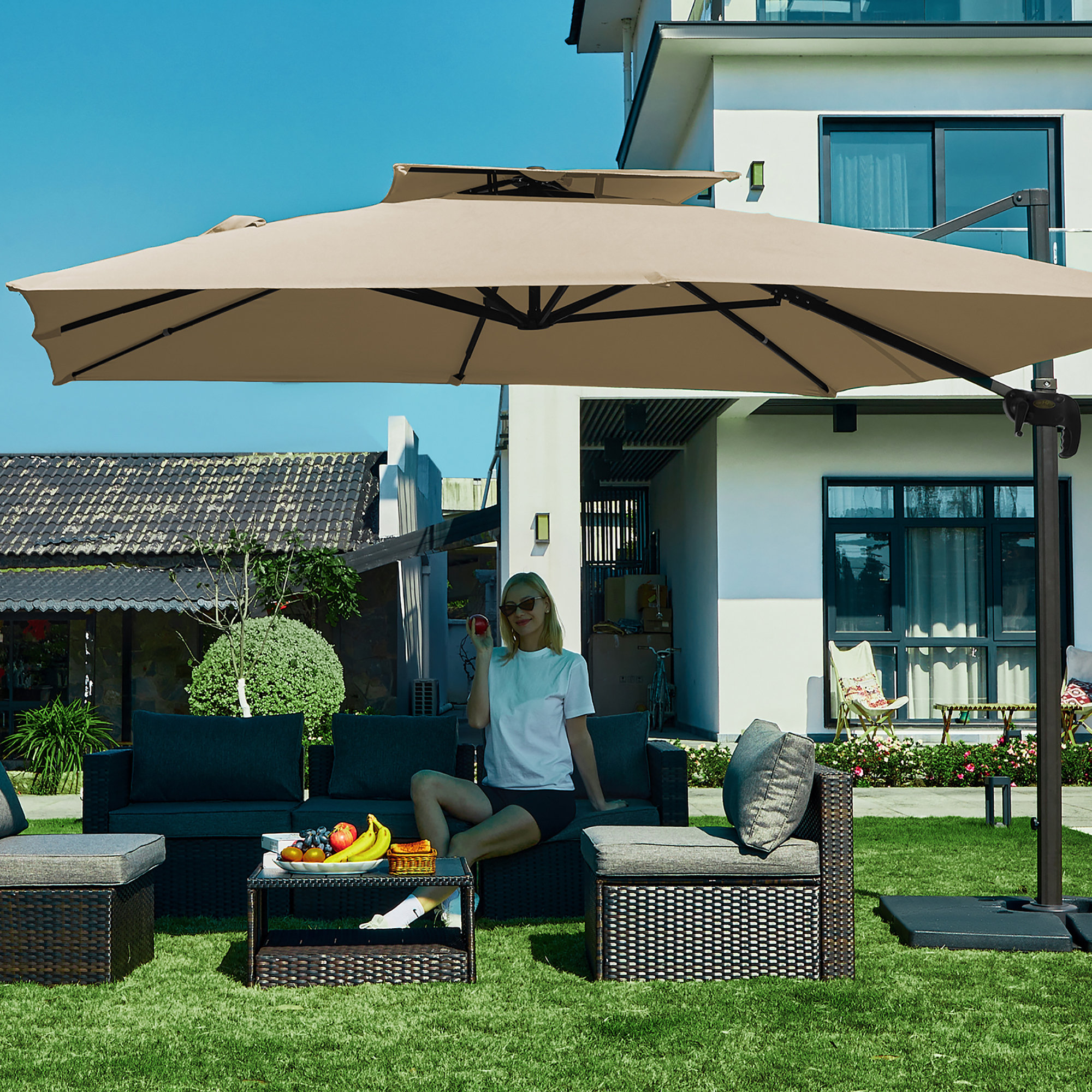 cantilever patio umbrella weighted base Amazon.com : 9' X 12' Patio Umbrella with Weighted Base and LED Lights Outdoor  Cantilever Large Rectangle Offset Umbrellas Heavy Duty Aluminum Double Top  with 360-degree Rotation for Pool Garden Deck, Beige :