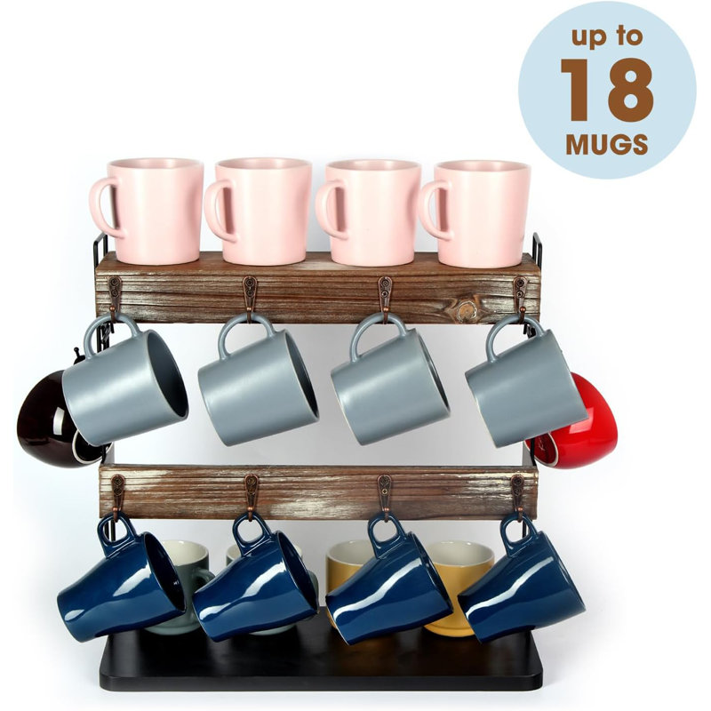 Mug Holder For Countertop 2 Tier Coffee Mug Shelf Rack Storage With Metal Frame And Rustic Wood Shelves For Coffee, Tea Cups Display Organizer With 10 Hooks