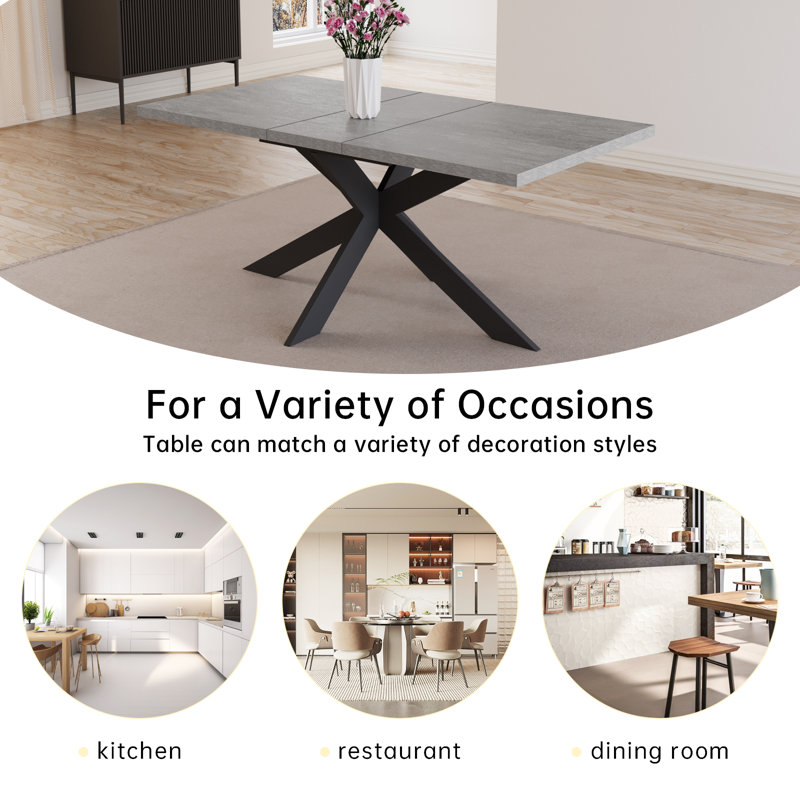 Triton Modern Kitchen Dining Table, Rectangular Extendable Table, 30”H x 63”L x 35.4”W, Gray