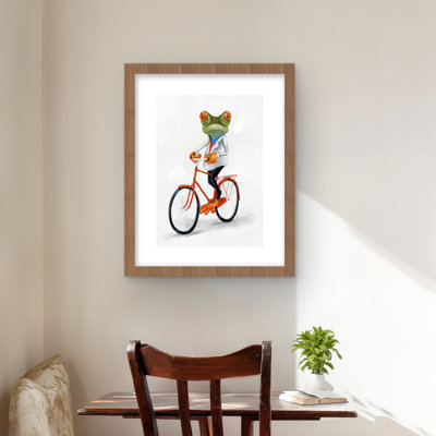 Drôle de grenouille chevauchant un vélo - reproduction d'art encadrée pour enfants