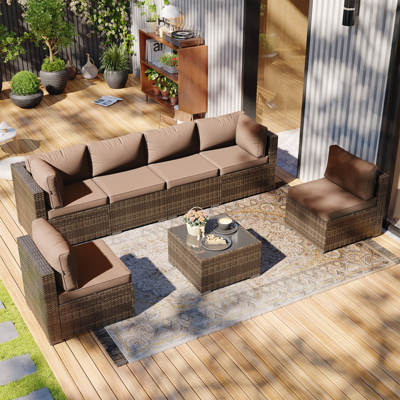 7-Piece 6-Person Symmetrical Outdoor Seating Group, Beige, Brown