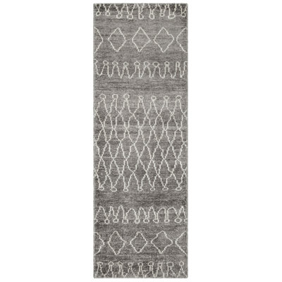Tapis gris en soie noué à la main à motif géométrique