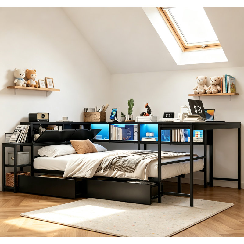 Cadre de lit d'angle avec bibliothèque, 2 tiroirs de rangement sous le lit et casiers de rangement ouverts, lit de jour moderne en métal avec lumière DEL et station de charge pour les petits espaces