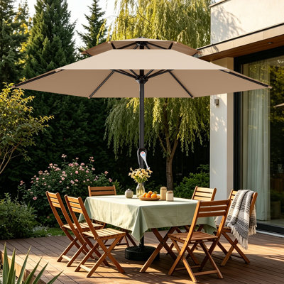12FT All-Steel 2-Tier Patio Umbrella with Smooth Crank Handle, 6 Sturdy Ribs, Waterproof and UV-resistant, Patio Table Umbrella Perfect for Poolside, Terrace, Beach and Outdoor Restaurant, Beige