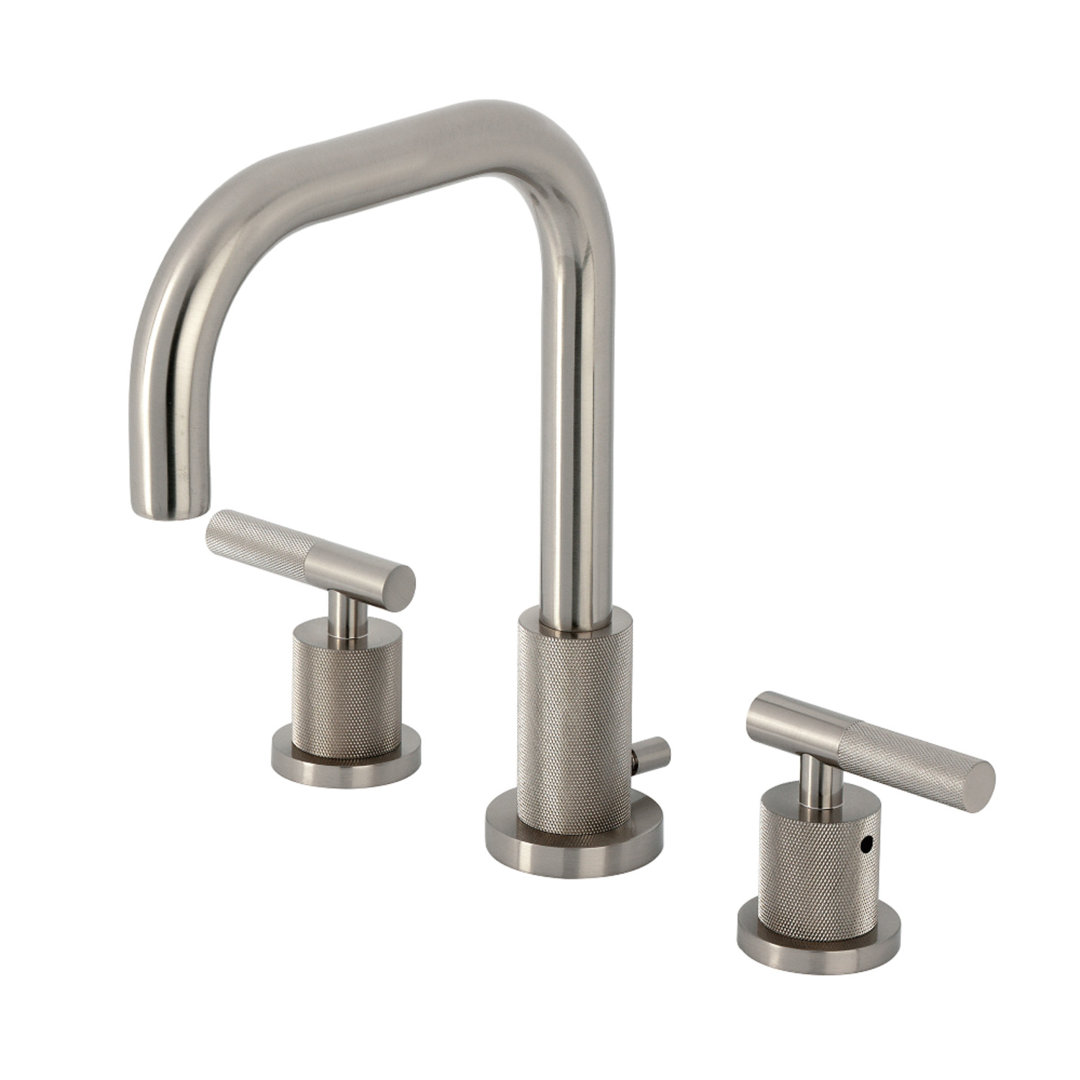 Kingston Brass Convergent Two-Handle 3-Hole Deck Mount Widespread Bathroom Faucet with Knurled Handle and Brass Pop-Up Drain Kingston Brass