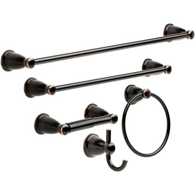 Ensemble de 5 accessoires de salle de bain en bronze huilé : porte-serviettes, anneau porte-serviettes, porte-papier hygiénique et crochet.