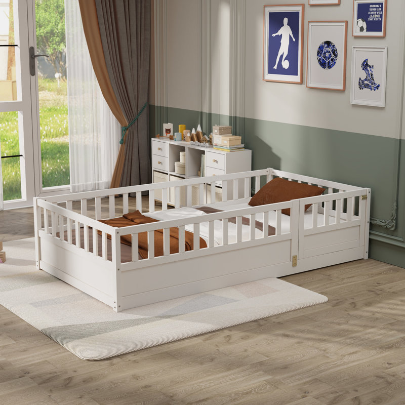 Montessori Wooden Floor Bed with High Security Barrier, Door, Kids Floor Bed Frame, Integral Construction, Twin, White