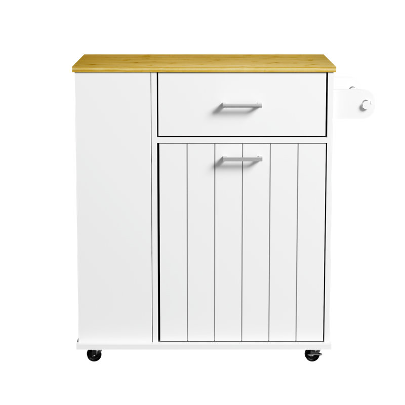 Rolling Kitchen Island with Pull-Out Trash Bin Cabinet,Kitchen Storage Cart On Wheels with 3 Tier Spice Rack,1 Drawer Bamboo Countertop,for Small Space