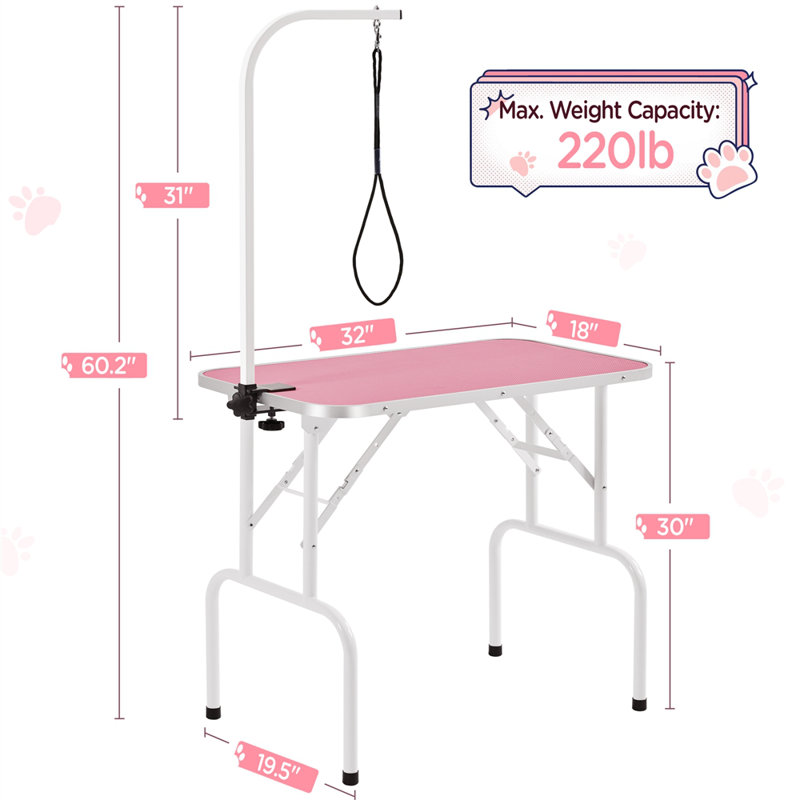 Pink Foldable Dog Grooming Table with Adjustable Arm and Noose