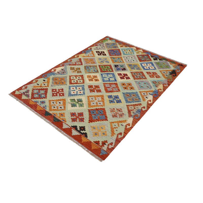 Tapis rouge / orange / bleu en laine à tissage plat rectangulaire à motif géométrique 3 pi 3 po x 4 pi 10 po Astorga
