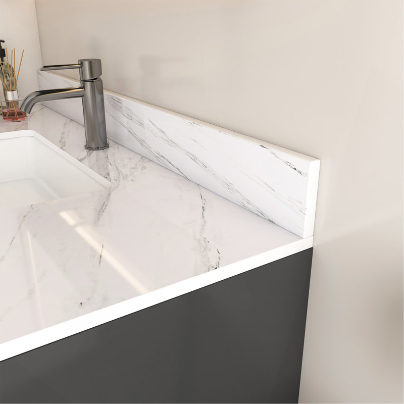Dessus de meuble-lavabo en marbre blanc de 43 po, plateau de meuble-lavabo avec trous de robinet pré-percés, lavabo encastré et dosseret (sans robinet, sans armoires)
