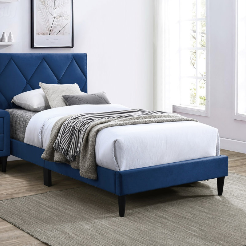 Lit simple avec tête de lit ajustable 1pc, chambre d'enfant rembourrée en velours, Lit simple, Marine